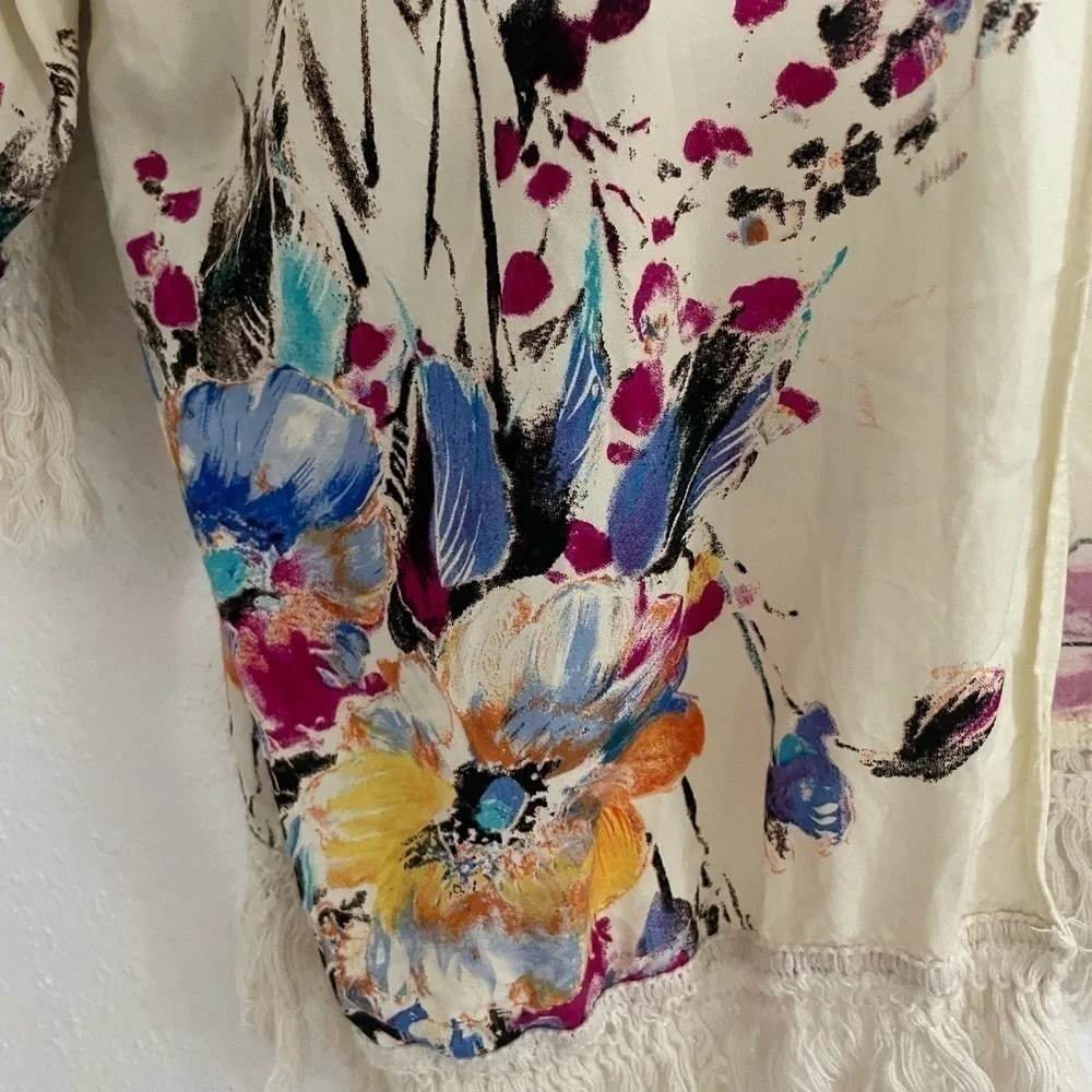 Umgee Cream Colorful Floral Fringe Kimono Women’s sz S